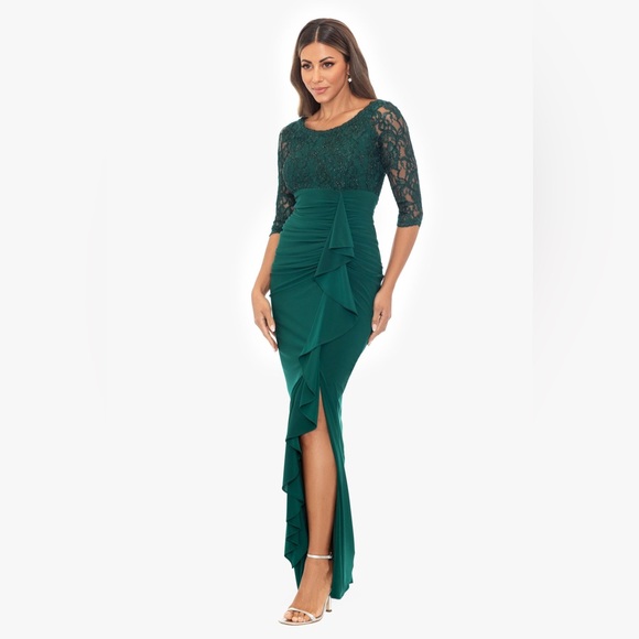 NWT Betsy & Adam | Irina Pine Lace Jersey Knit 3/4 Sleeve Long Formal Dress 8 - Picture 1 of 11
